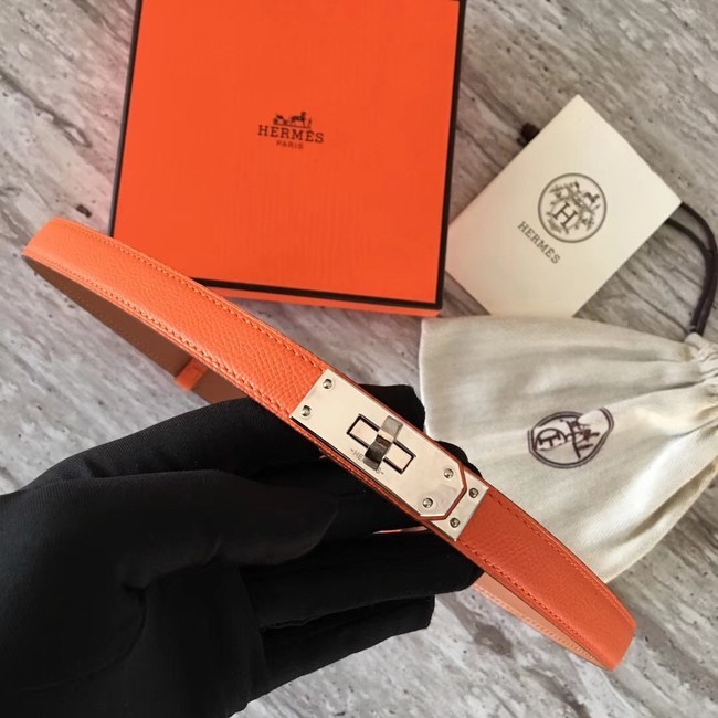 Copy Best Hermes original epsom leather Kelly belt H069854 orange silver plated metal Tl3519Qc72