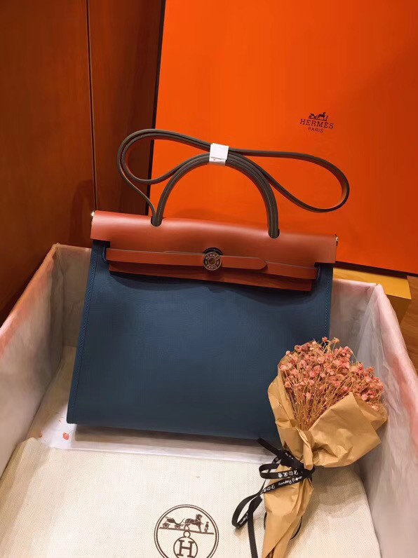 Fake Hermes Herbag 31CM Original Canvas Leather & Calfskin 45987 Blue&Brown Tl557xE84