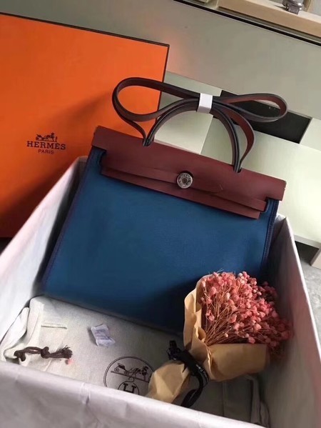 Hermes Herbag 31CM Original Canvas Leather & Calfskin 45987 Blue&Wine Tl831OG45