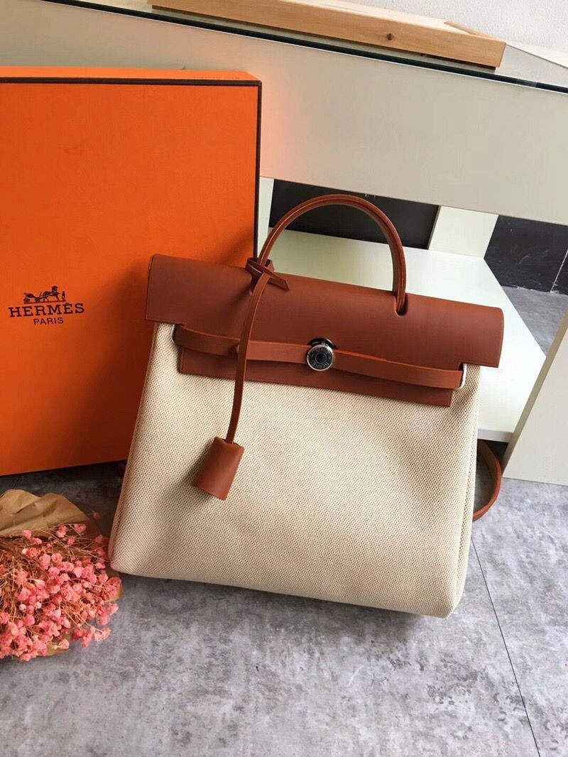 Hermes Herbag 31CM Original Canvas Leather & Calfskin 45987 brown&white Tl507bW68