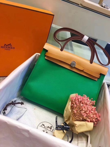 Hermes Herbag 31CM Original Canvas Leather & Calfskin 45987 Green&Apricot Tl835oJ62