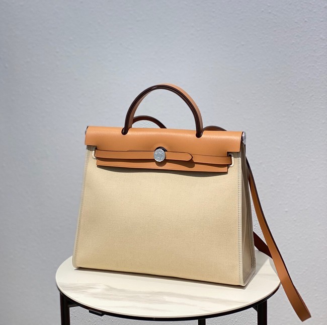 Hermes Herbag 31CM Original Canvas Leather & Calfskin 48887 Offwhite&Camel Tl123Bw85