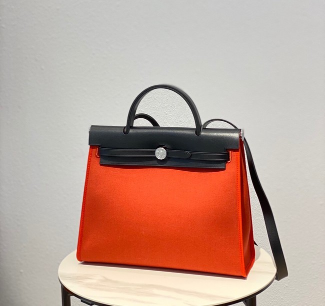Hermes Herbag 31CM Original Canvas Leather & Calfskin 48887 orange&black Tl111pB23
