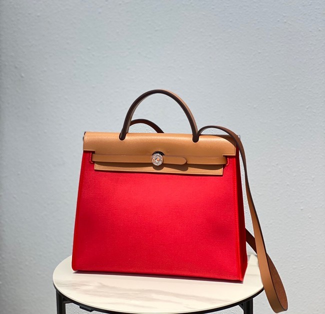 Hermes Herbag 31CM Original Canvas Leather & Calfskin 48887 red&brown Tl119Oj66