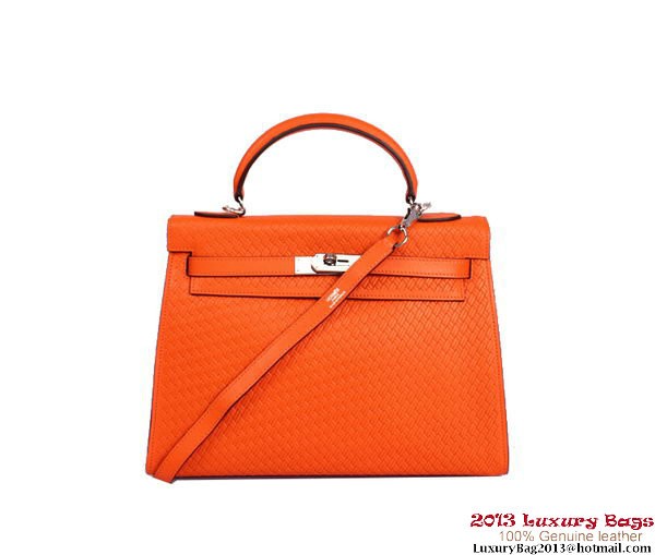 Hermes Kelly 32cm Top Handle Bag Orange Woven Leather Silver Tl1903ta99