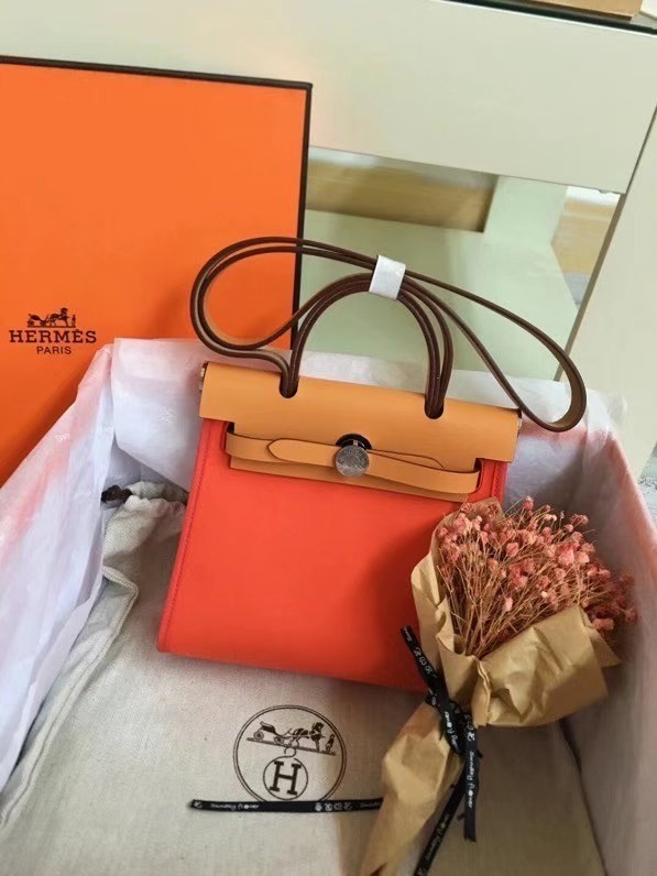 Hermes mini Herbag Original Canvas Leather & Calfskin 45987 orange&brown Tl445Zr53