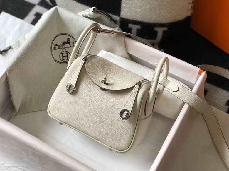 Hermes mini Lindy Original Togo Leather Bag LD19 White&Silver-Tone Metal Tl535UM91