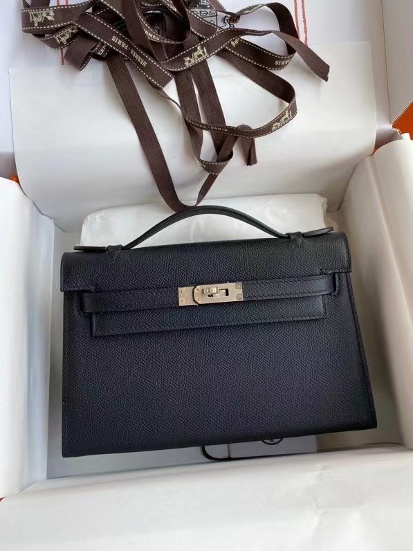 Hermes Original Epsom Leather KEL2278 black&Silver-Tone Metal Tl364VI95