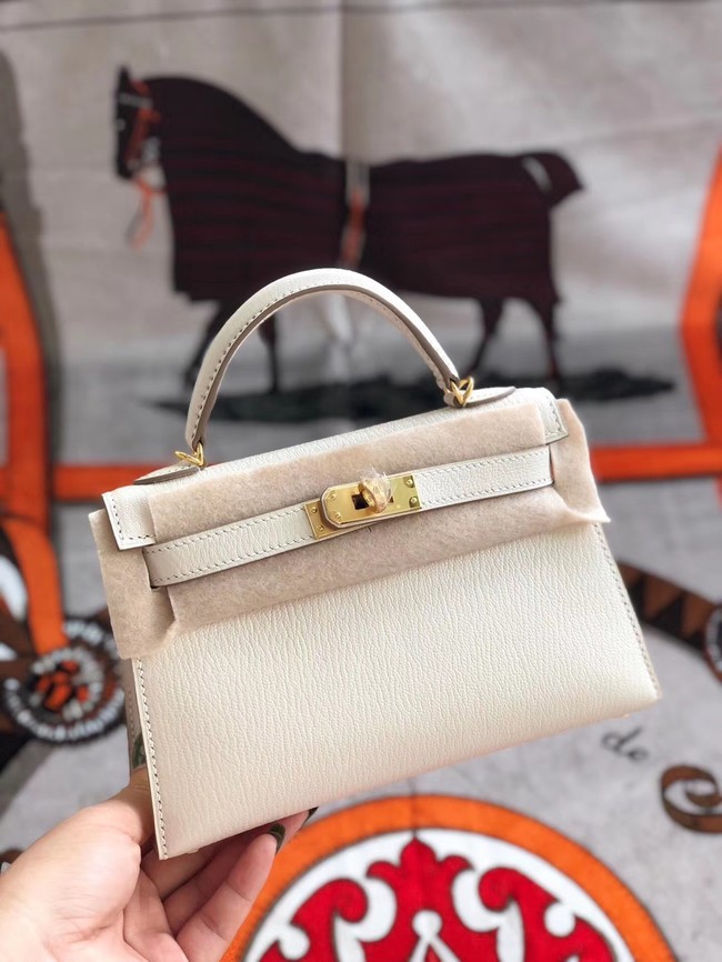 Hermes original mini Kelly chevre mysore K19CM white&Gold Metal Tl610hc46