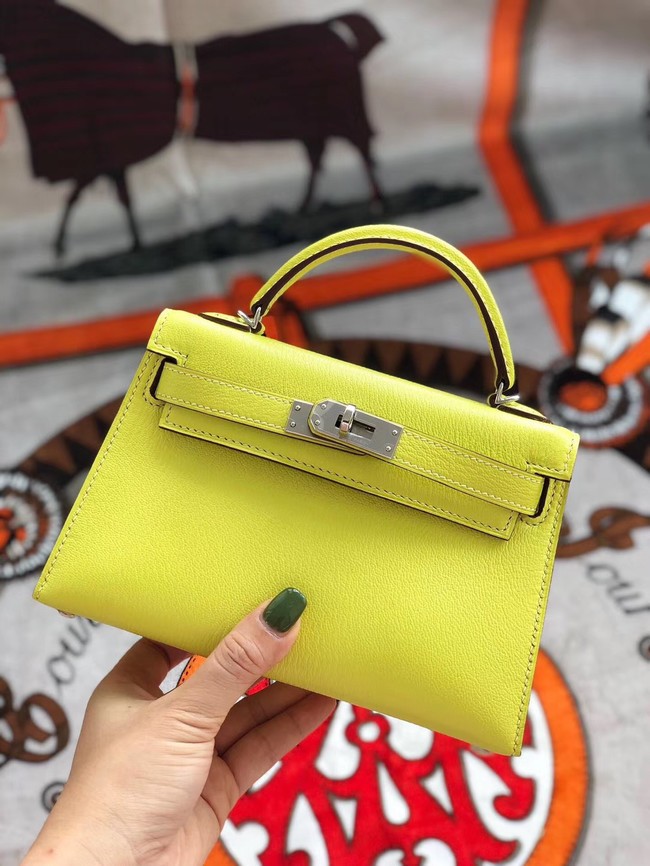 Hermes original mini Kelly chevre mysore K19CM yellow&silver Metal Tl602wn15