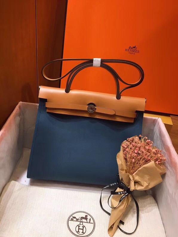 Imitation Hermes Herbag 31CM Original Canvas Leather & Calfskin 45987 Blue&Apricot Tl558uq94