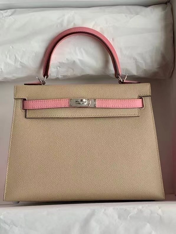 Replica Cheap Hermes Original Epsom Leather KEL2578 light grey&pink Tl342Mq48