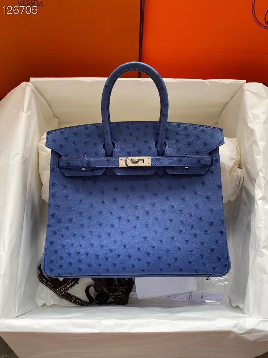 Replica Hermes Birkin Bag Original Leather Ostrich Skin HBK2530 Dark Blue Tl468EO56