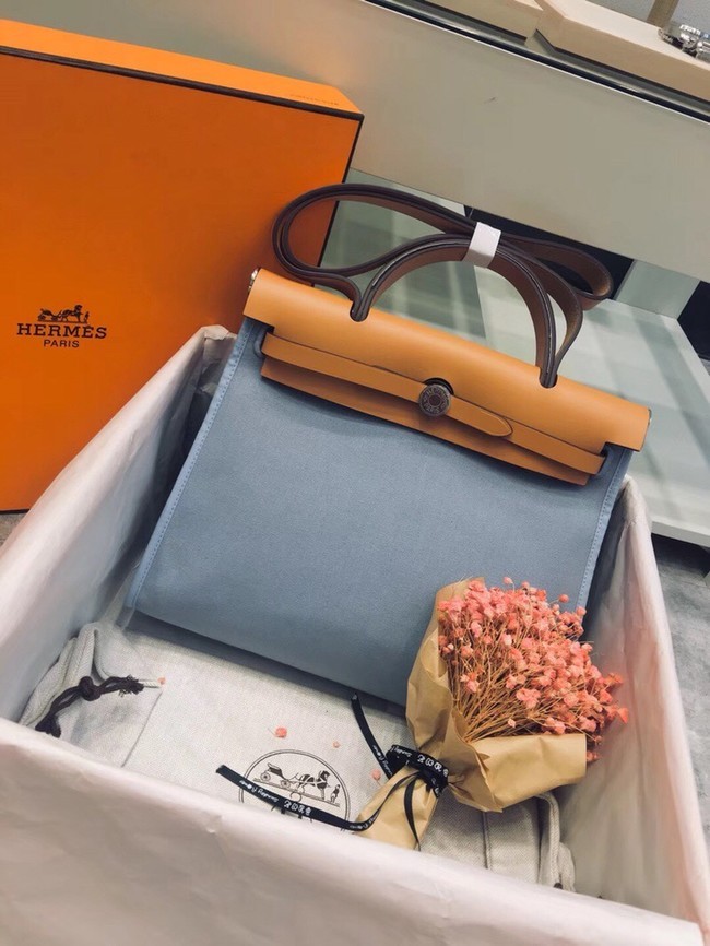 Replica Hermes Herbag 31CM Original Canvas Leather & Calfskin 45987 light blue Blue&brown Tl166KG80