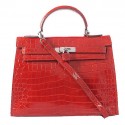 Replica Hermes Kelly 32cm Shoulder Bags Red Iridescent Croco Leather Silver Tl1603Vi77