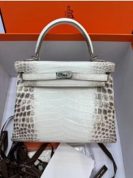 Best 1:1 Hermes Kelly 25CM Original South African Nile Crocodile Leather Bag KL25 White&Gray Tl100eT55