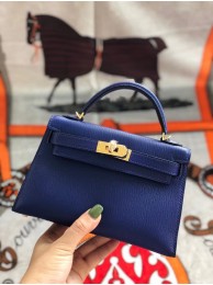 Copy Best Hermes original mini Kelly chevre mysore K19CM blue&Gold Metal Tl599Qc72