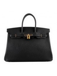 Designer Replica Hermes Birkin 35CM Tote Bags Black Grainy Leather H-35 Gold Tl1422CF36