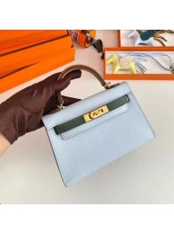 Hermes Kelly 19cm Shoulder Bags Epsom Leather KL19 Gold hardware light blue&green Tl212jo45