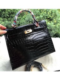 Hermes Kelly 32cm Shoulder Bag Croco Leather K32CO Black Tl1259Yv36