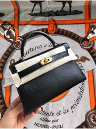 Hermes original mini Kelly chevre mysore K19CM black&Gold Metal Tl606Eb92