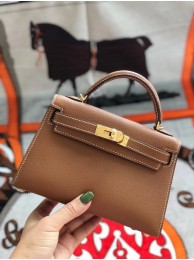 Hermes original mini Kelly chevre mysore K19CM brown&Gold Metal Tl591VF54