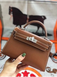 Hermes original mini Kelly chevre mysore K19CM brown&silver Metal Tl590Wi77