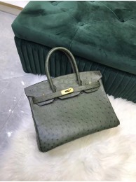 Replica Fashion Hermes Birkin Bag Original Leather Ostrich skin HBK2530 blackish green Tl473HM85