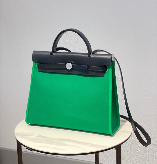 AAA Hermes Herbag 31CM Original Canvas Leather & Calfskin 48887 green&black Tl114zK34