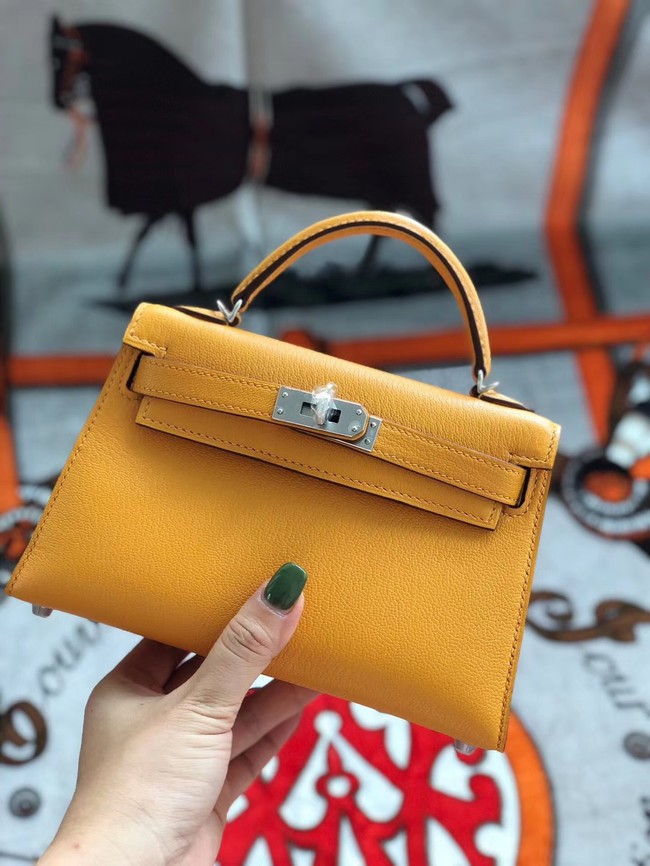 AAAAA Imitation Hermes original mini Kelly chevre mysore K19CM Mango yellow&silver Metal Tl596oT91
