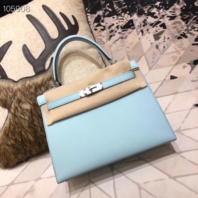 AAAAA Knockoff Hermes original Kelly Epsom Leather KL32 light blue Silver hardware Tl690Pg26