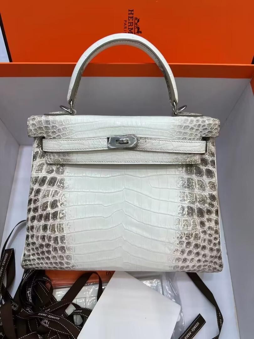 Best 1:1 Hermes Kelly 25CM Original South African Nile Crocodile Leather Bag KL25 White&Gray Tl100eT55
