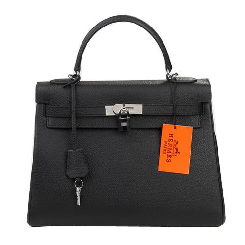 Fake Hermes Kelly 32cm Shoulder Bag Black Original Leather K32 Silver Tl1652xE84