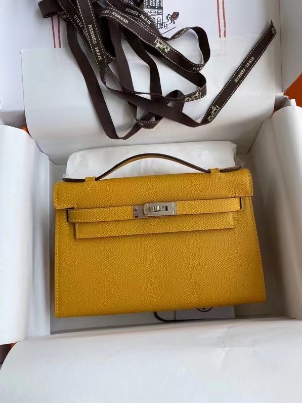 Fake Hermes Original Epsom Leather KEL2278 yellow&Silver-Tone Metal Tl370Iw51