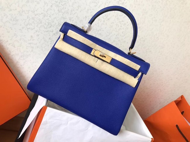 Fake Hermes original Togo leather kelly bag KL320 blue Tl710tu77