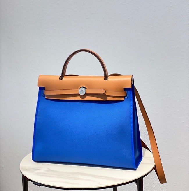 Fashion Hermes Herbag 31CM Original Canvas Leather & Calfskin 48887 blue&brown Tl115Of26