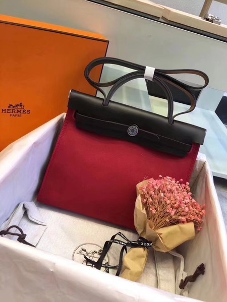 First-class Quality Hermes Herbag 31CM Original Canvas Leather & Calfskin 45987 Black&Red Tl824xO55