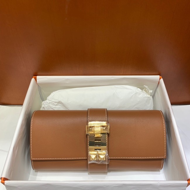 Hermes H Medor swift Leather Clutch 37566 brown&gold hardware Tl124yC28