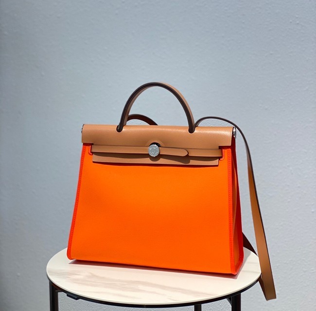 Hermes Herbag 31CM Original Canvas Leather & Calfskin 48887 orange&brown Tl122yj81