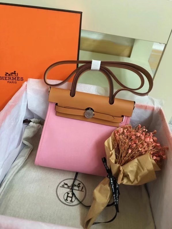 Hermes mini Herbag Original Canvas Leather & Calfskin 45987 pink&brown Tl443ta99
