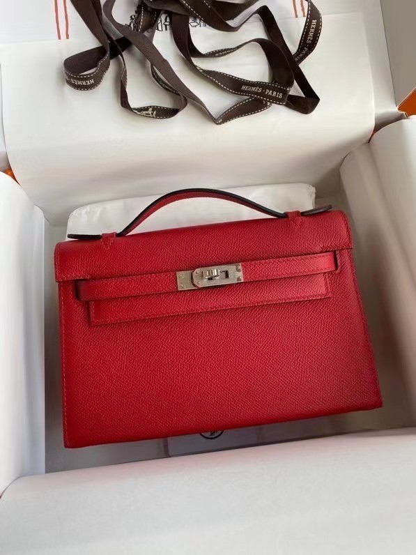 Hermes Original Epsom Leather KEL2278 red&Silver-Tone Metal Tl379MB38