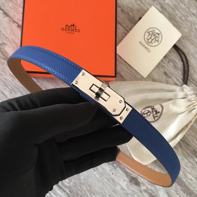 Hermes original epsom leather Kelly belt H069854 blue silver plated metal Tl3514Ea63
