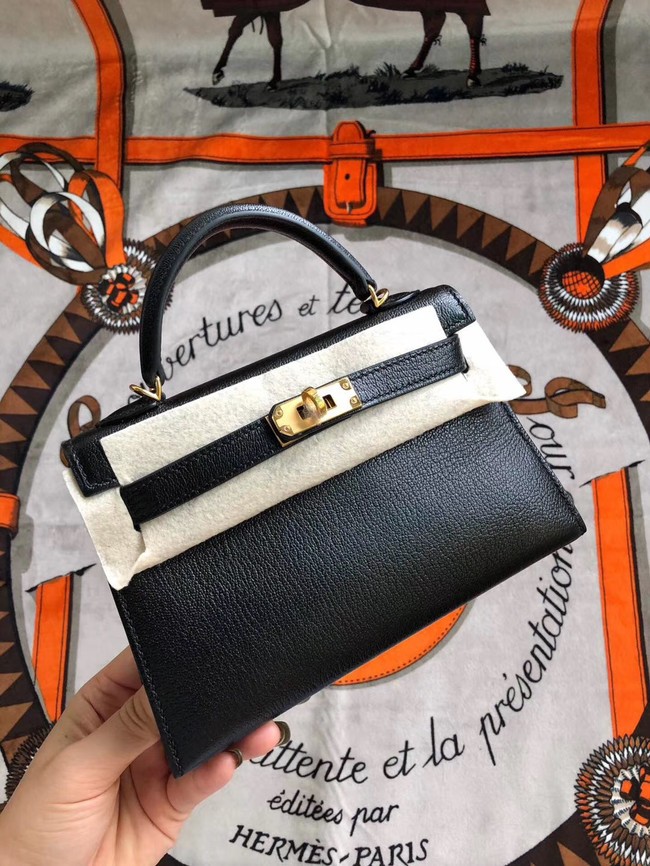 Hermes original mini Kelly chevre mysore K19CM black&Gold Metal Tl606Eb92
