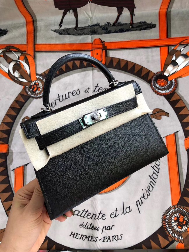 Hermes original mini Kelly chevre mysore K19CM black&silver Metal Tl605nS91