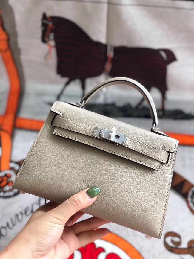 Hermes original mini Kelly chevre mysore K19CM light grey&silver Metal Tl588fo19