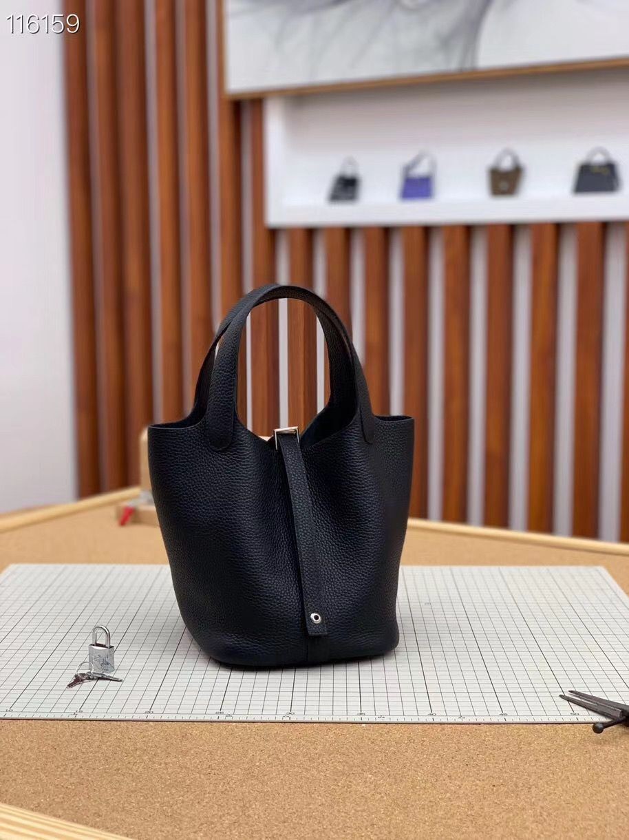 Hermes Picotin Lock 22cm Bags Original Litchi Leather HPL1048 Black Tl536DV39