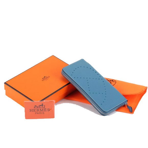 Hermes Togo Leather Perforated Zippy Wallet 9032 Blue Tl2344fH28