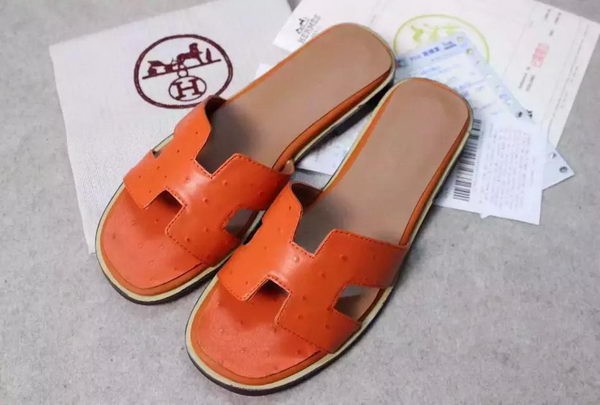 High Imitation Hermes Slipper Ostrich Leather HO0486 Orange Tl3392bg96