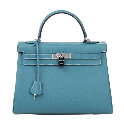 Imitation Hermes Kelly 32cm Shoulder Bag Light Blue Original Leather K32 Silver Tl1644lH78