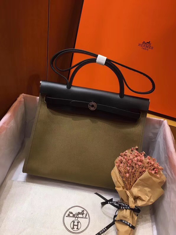 Knockoff Hermes Herbag 31CM Original Canvas Leather & Calfskin 45987 green&Black Tl555Lg61